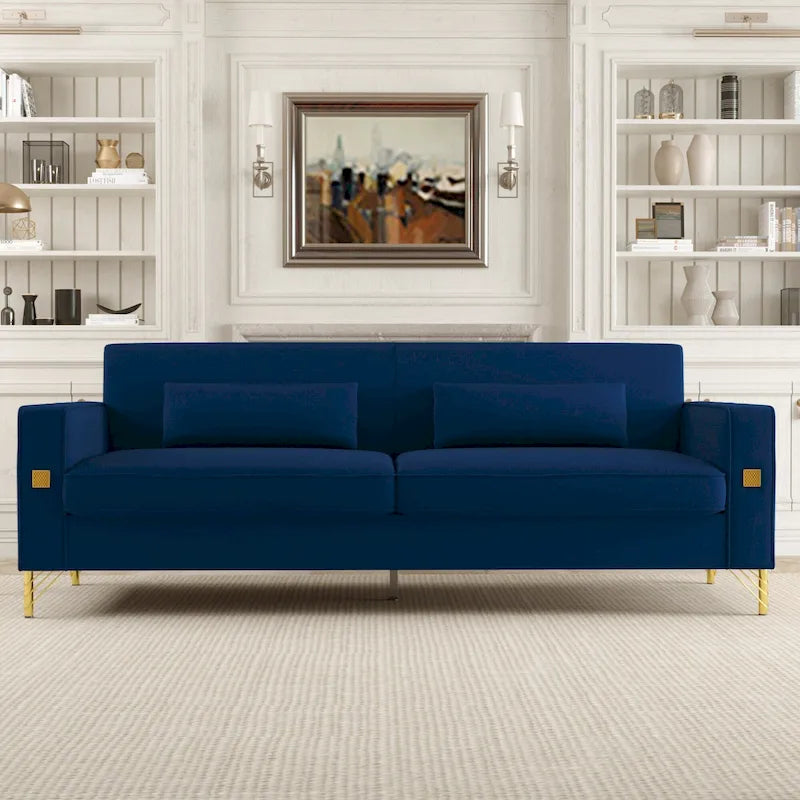 Canapé moderne 3 places en velours 85,63 avec accents dorés et coussins moelleux pour salon