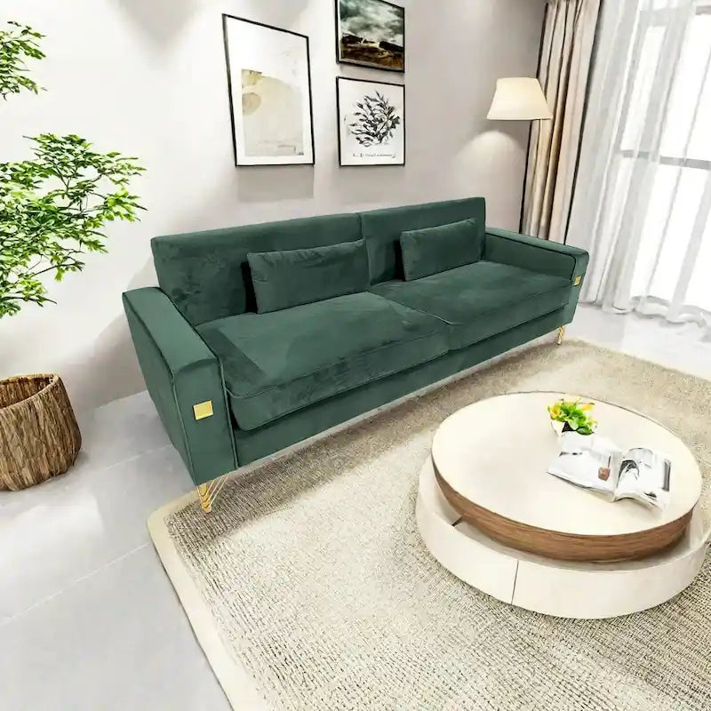 Canapé moderne 3 places en velours 85,63 avec accents dorés et coussins moelleux pour salon