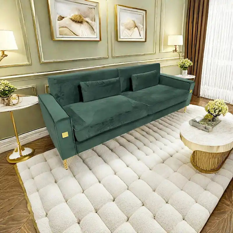 Canapé moderne 3 places en velours 85,63 avec accents dorés et coussins moelleux pour salon