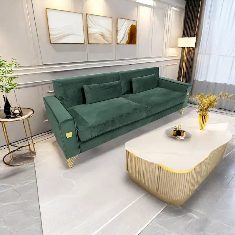 Canapé moderne 3 places en velours 85,63 avec accents dorés et coussins moelleux pour salon