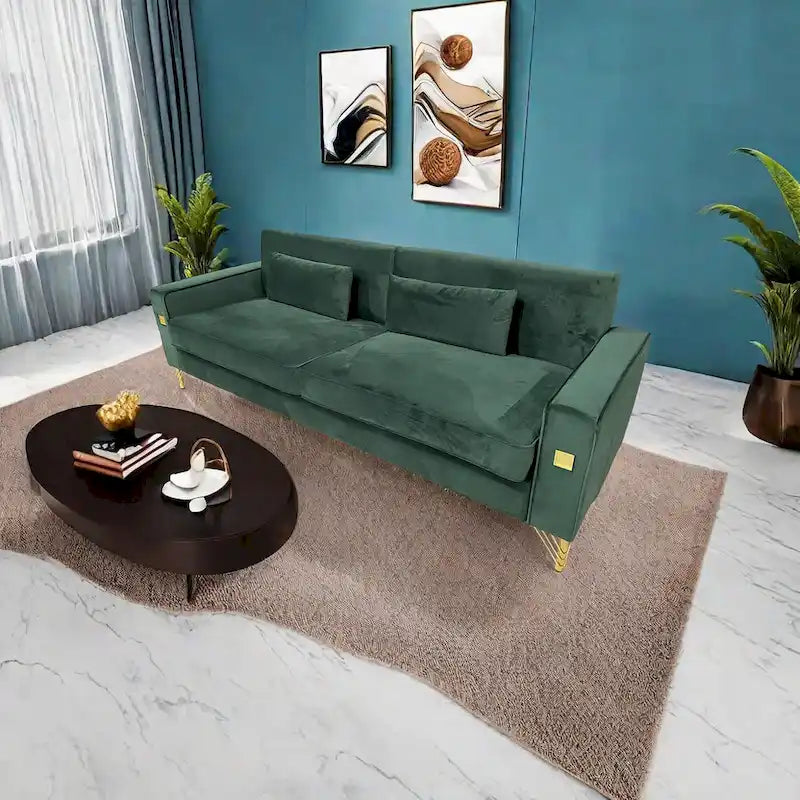Canapé moderne 3 places en velours 85,63 avec accents dorés et coussins moelleux pour salon