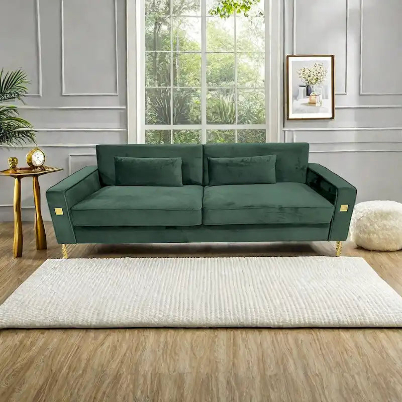Canapé moderne 3 places en velours 85,63 avec accents dorés et coussins moelleux pour salon