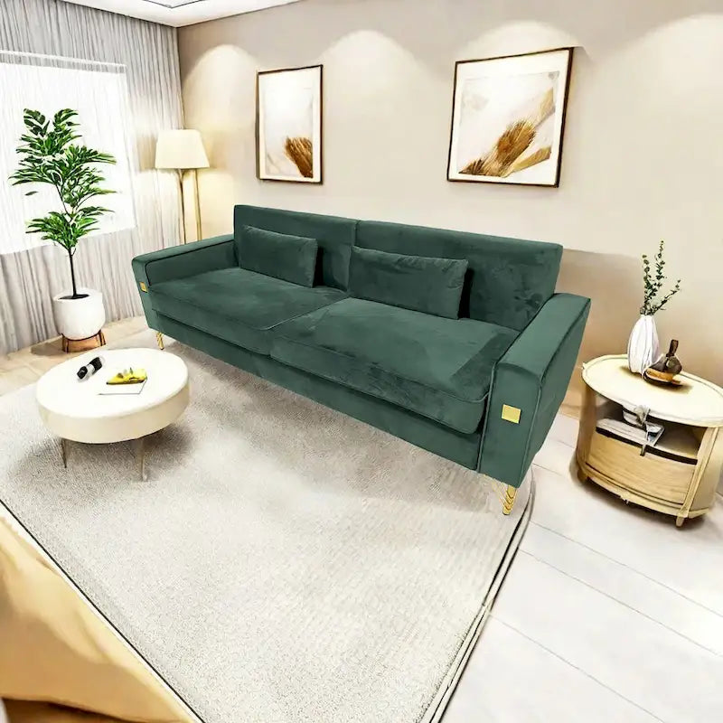 Canapé moderne 3 places en velours 85,63 avec accents dorés et coussins moelleux pour salon