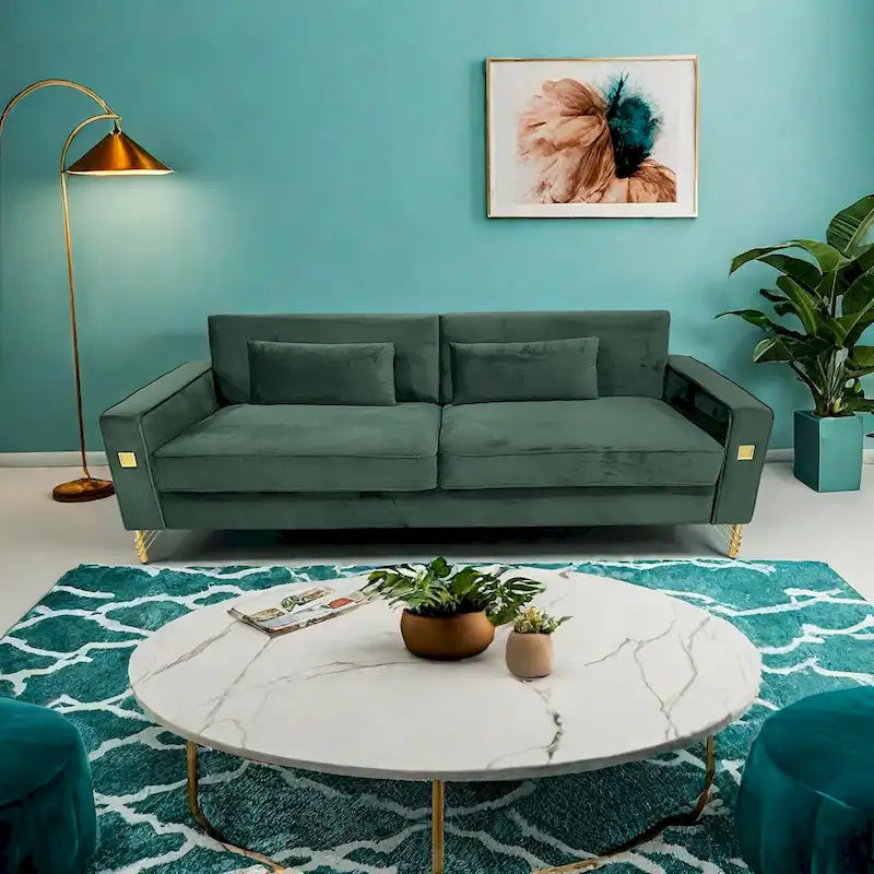 Canapé moderne 3 places en velours 85,63 avec accents dorés et coussins moelleux pour salon