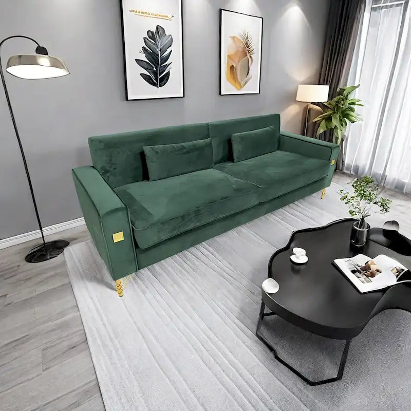 Canapé moderne 3 places en velours 85,63 avec accents dorés et coussins moelleux pour salon