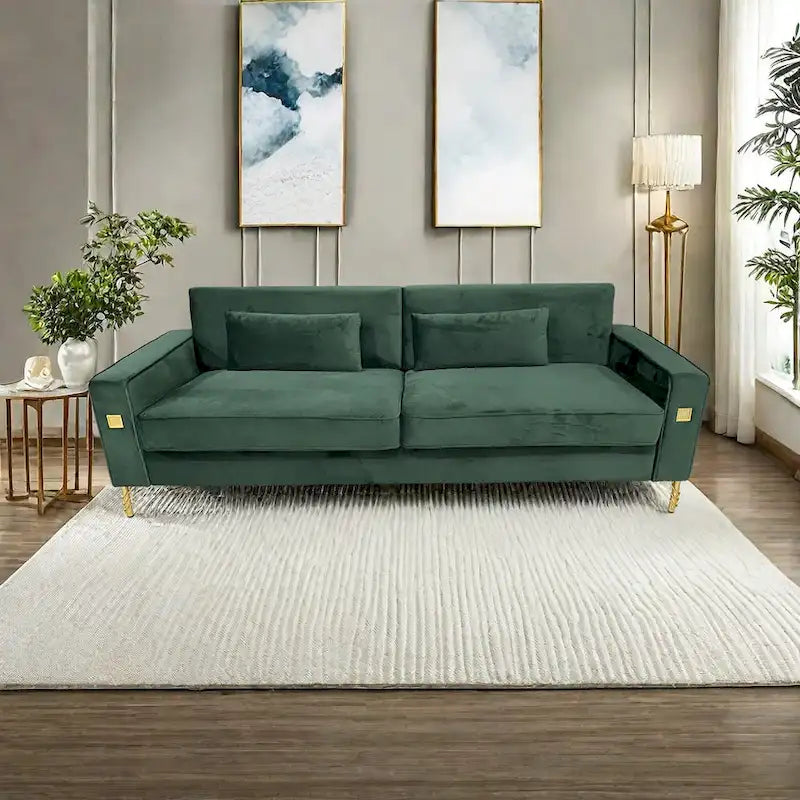 Canapé moderne 3 places en velours 85,63 avec accents dorés et coussins moelleux pour salon