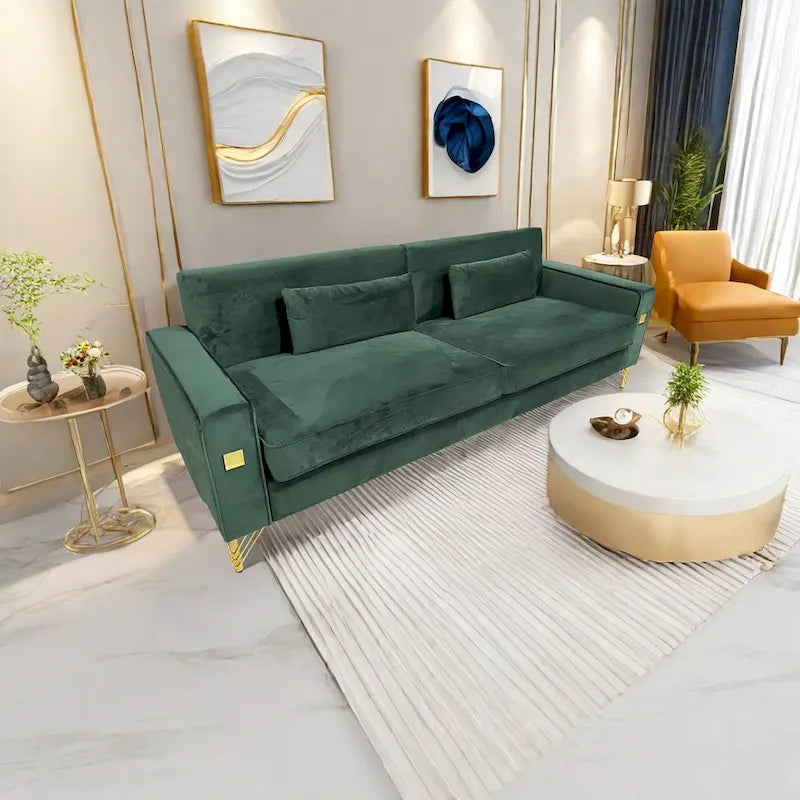 Canapé moderne 3 places en velours 85,63 avec accents dorés et coussins moelleux pour salon