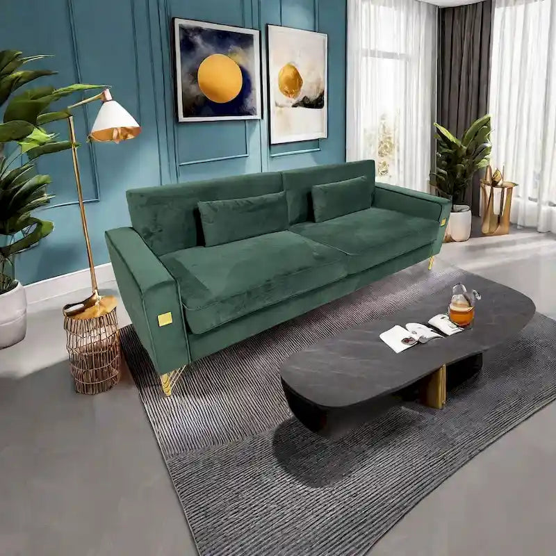 Canapé moderne 3 places en velours 85,63 avec accents dorés et coussins moelleux pour salon