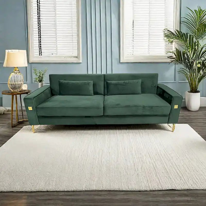 Canapé moderne 3 places en velours 85,63 avec accents dorés et coussins moelleux pour salon