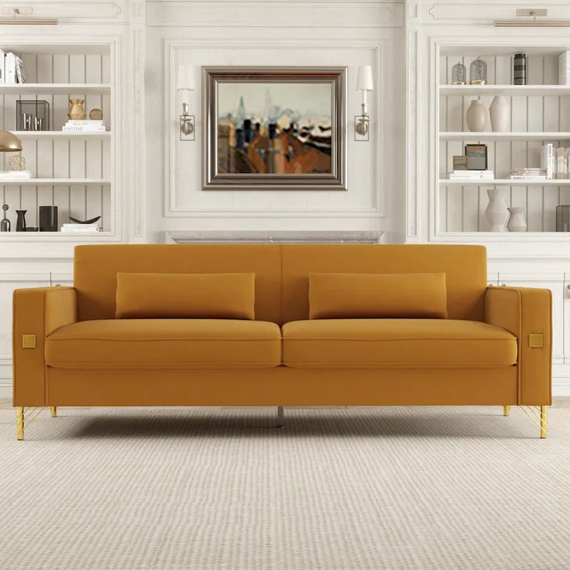 Canapé moderne 3 places en velours 85,63 avec accents dorés et coussins moelleux pour salon