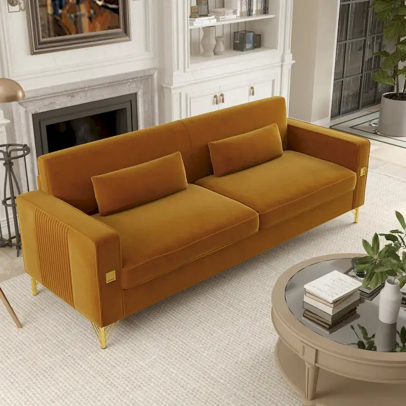Canapé moderne 3 places en velours 85,63 avec accents dorés et coussins moelleux pour salon