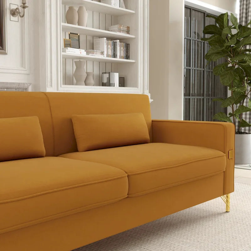 Canapé moderne 3 places en velours 85,63 avec accents dorés et coussins moelleux pour salon