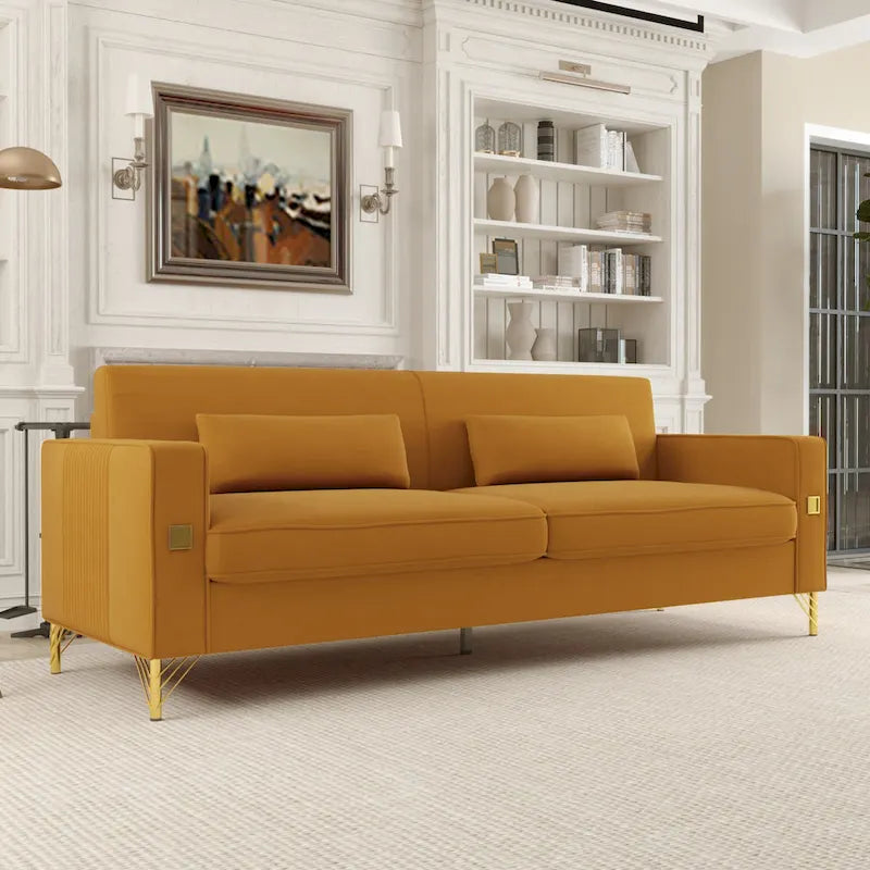 Canapé moderne 3 places en velours 85,63 avec accents dorés et coussins moelleux pour salon
