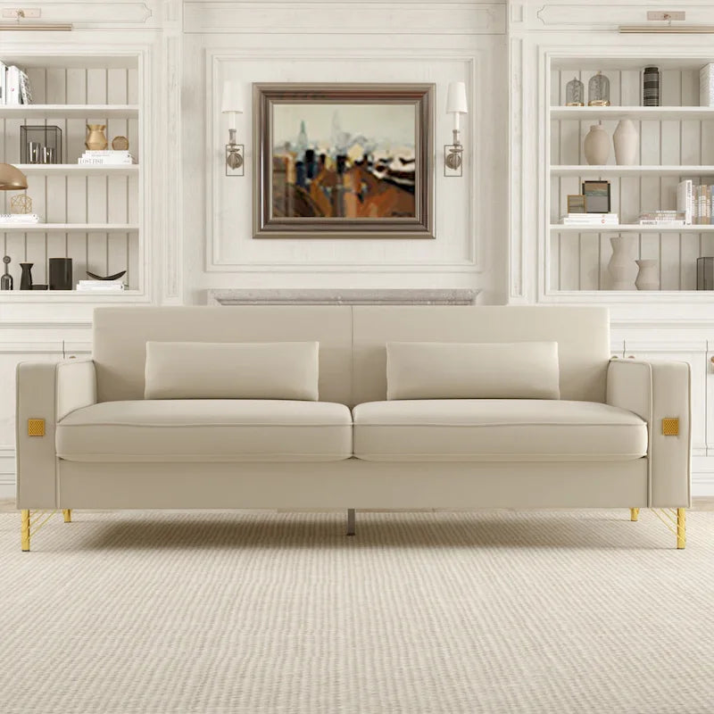 Canapé moderne 3 places en velours 85,63 avec accents dorés et coussins moelleux pour salon