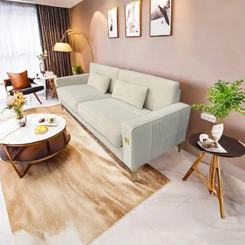 Canapé moderne 3 places en velours 85,63 avec accents dorés et coussins moelleux pour salon