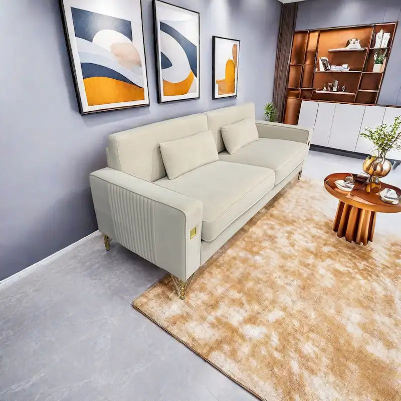 Canapé moderne 3 places en velours 85,63 avec accents dorés et coussins moelleux pour salon