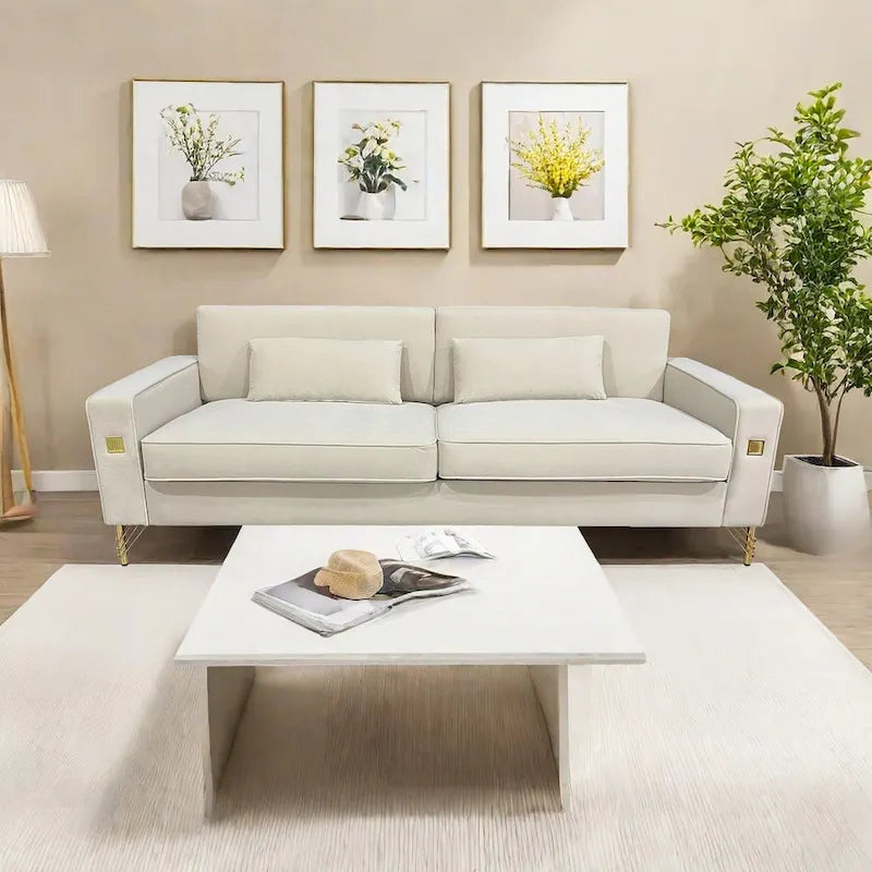 Canapé moderne 3 places en velours 85,63 avec accents dorés et coussins moelleux pour salon