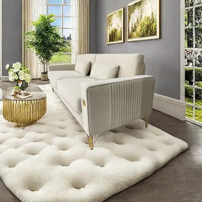 Canapé moderne 3 places en velours 85,63 avec accents dorés et coussins moelleux pour salon