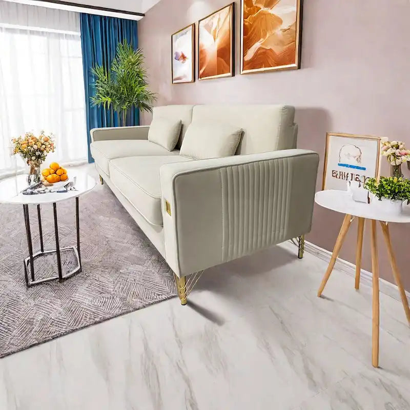 Canapé moderne 3 places en velours 85,63 avec accents dorés et coussins moelleux pour salon