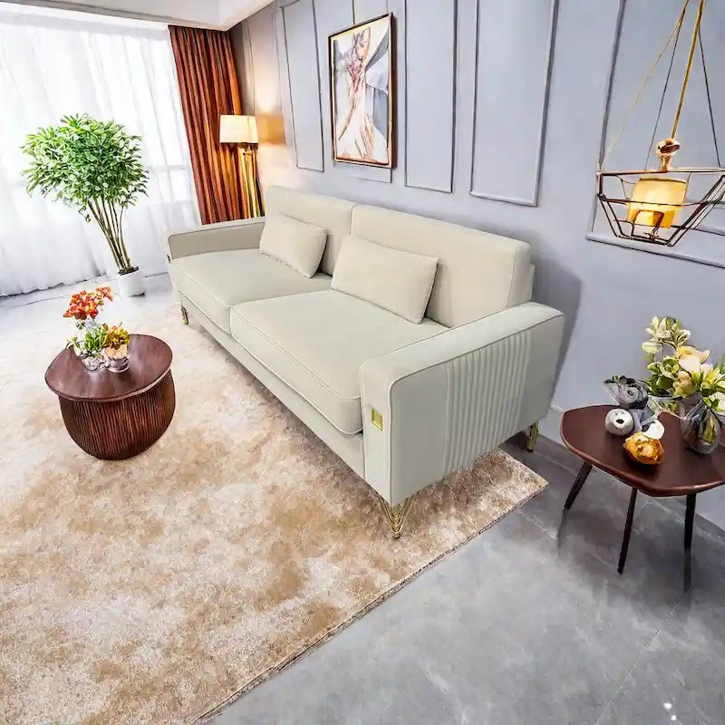 Canapé moderne 3 places en velours 85,63 avec accents dorés et coussins moelleux pour salon