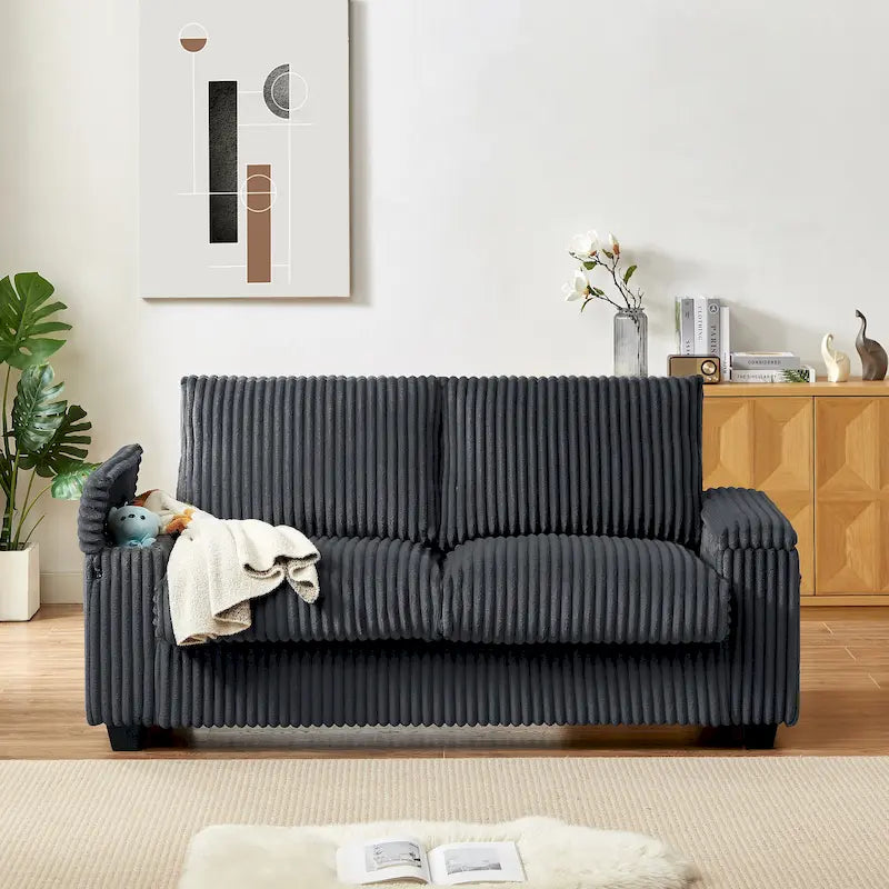 Causeuse 2 places en tissu gris foncé 71 avec accoudoir de rangement carré et port USB pour salon