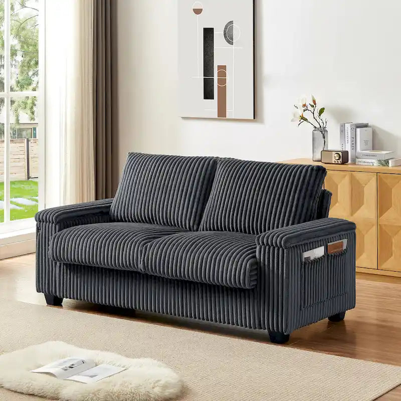 Causeuse 2 places en tissu gris foncé 71 avec accoudoir de rangement carré et port USB pour salon