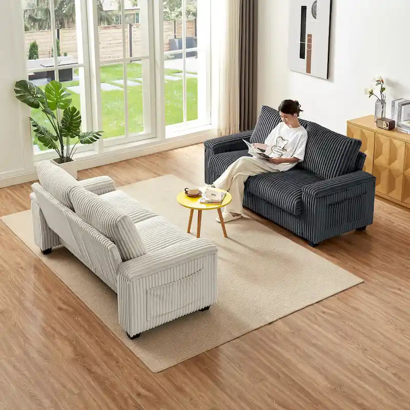 Causeuse 2 places en tissu gris foncé 71 avec accoudoir de rangement carré et port USB pour salon