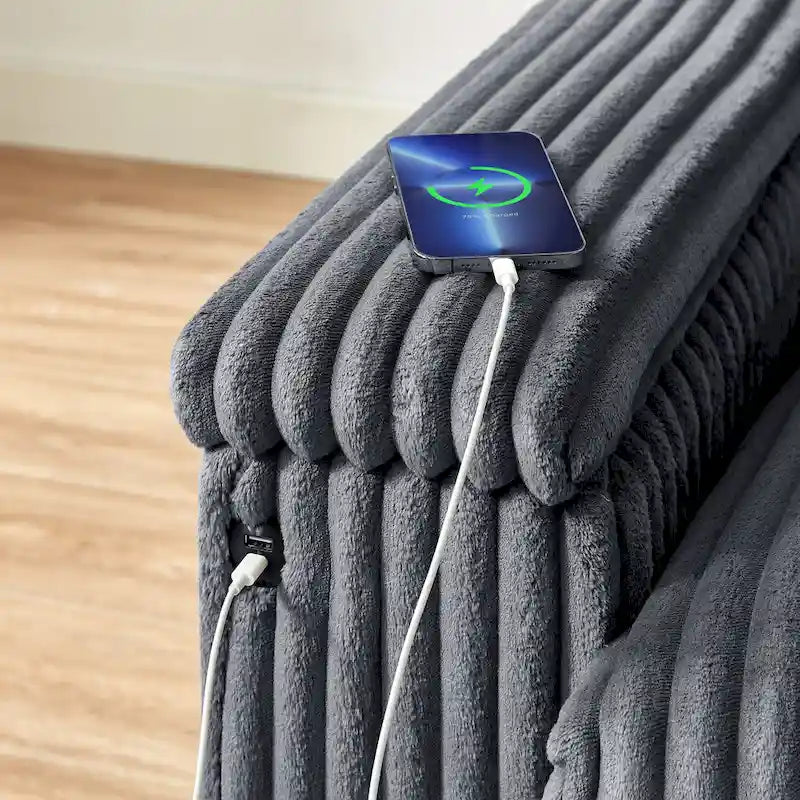 Causeuse 2 places en tissu gris foncé 71 avec accoudoir de rangement carré et port USB pour salon