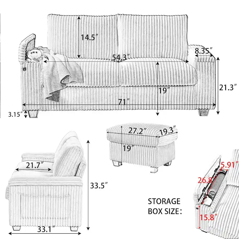 Causeuse 2 places en tissu gris foncé 71 avec accoudoir de rangement carré et port USB pour salon