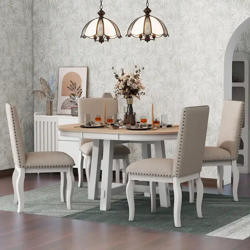 Ensemble de salle à manger 5 pièces en bois avec table ronde extensible et 4 chaises