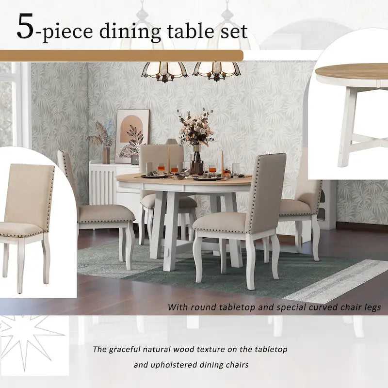 Ensemble de salle à manger 5 pièces en bois avec table ronde extensible et 4 chaises