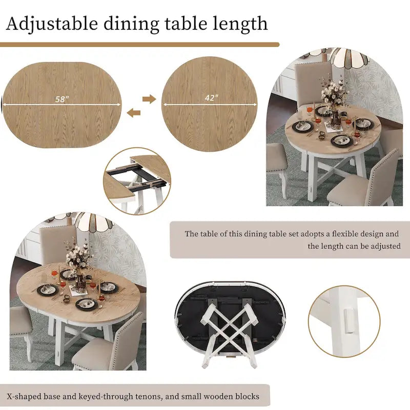 Ensemble de salle à manger 5 pièces en bois avec table ronde extensible et 4 chaises