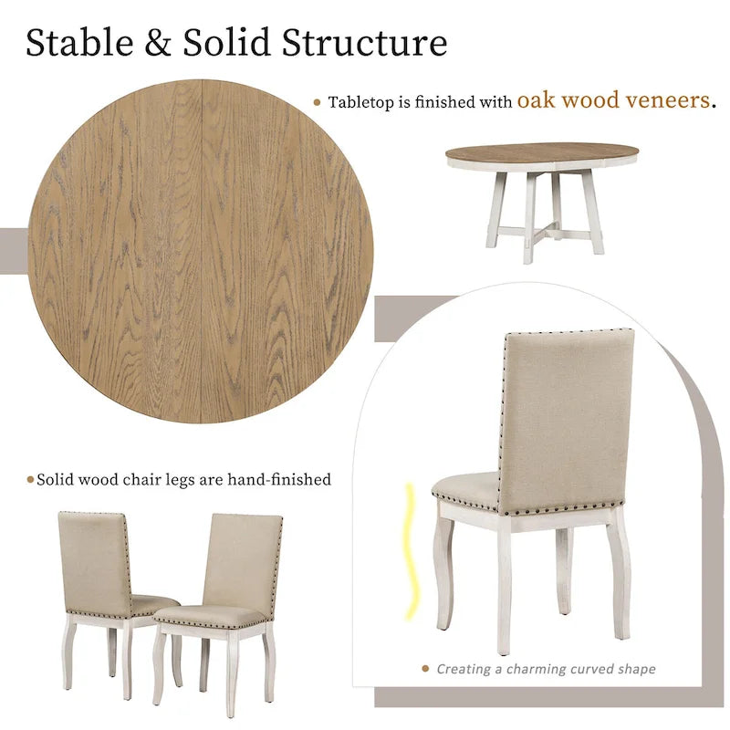 Ensemble de salle à manger 5 pièces en bois avec table ronde extensible et 4 chaises