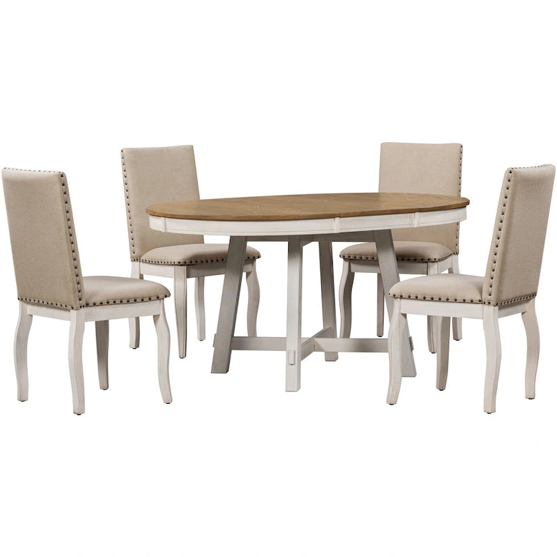 Ensemble de salle à manger 5 pièces en bois avec table ronde extensible et 4 chaises
