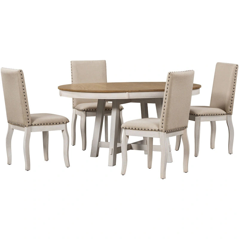 Ensemble de salle à manger 5 pièces en bois avec table ronde extensible et 4 chaises