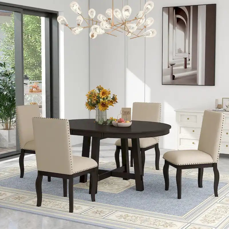 Ensemble de salle à manger 5 pièces en bois avec table ronde extensible et 4 chaises