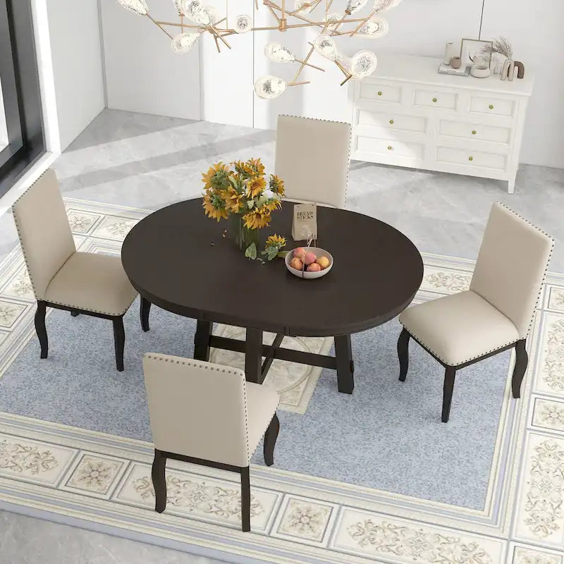 Ensemble de salle à manger 5 pièces en bois avec table ronde extensible et 4 chaises