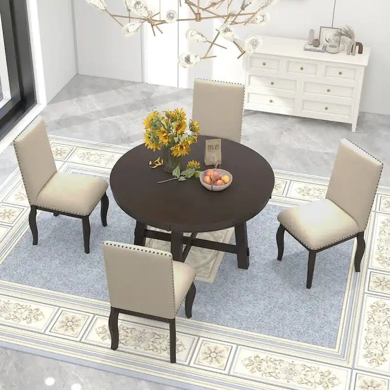 Ensemble de salle à manger 5 pièces en bois avec table ronde extensible et 4 chaises