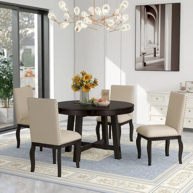 Ensemble de salle à manger 5 pièces en bois avec table ronde extensible et 4 chaises