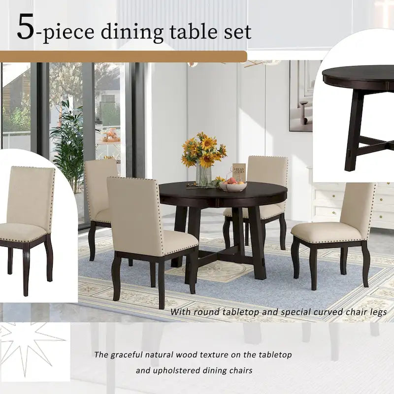 Ensemble de salle à manger 5 pièces en bois avec table ronde extensible et 4 chaises