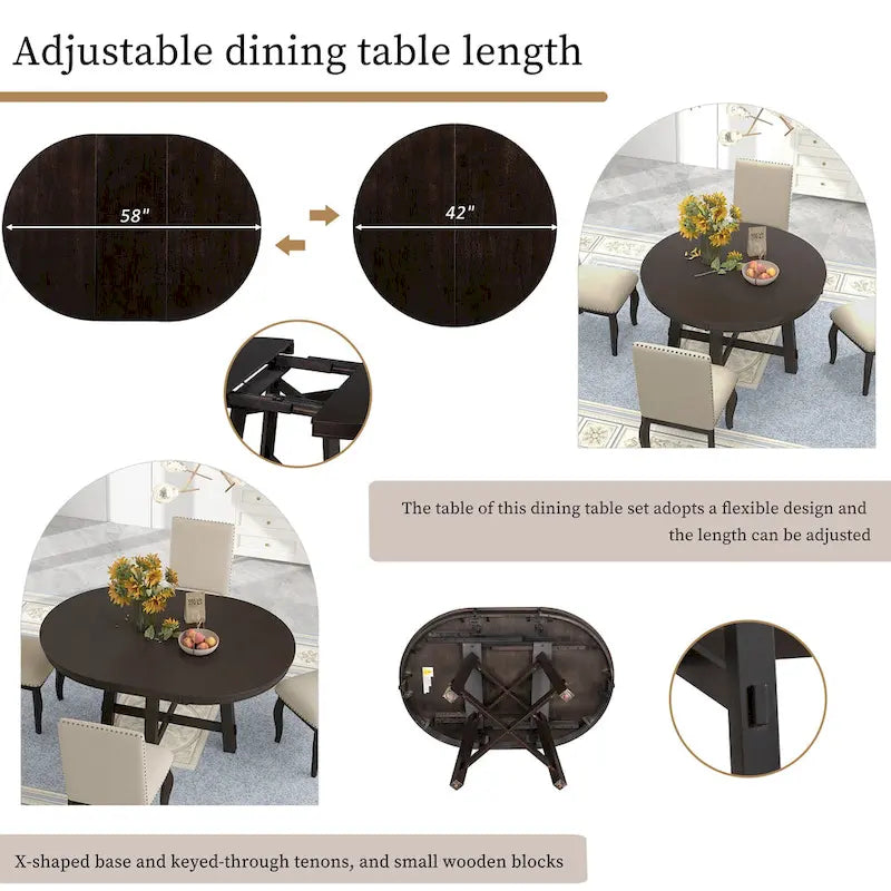 Ensemble de salle à manger 5 pièces en bois avec table ronde extensible et 4 chaises