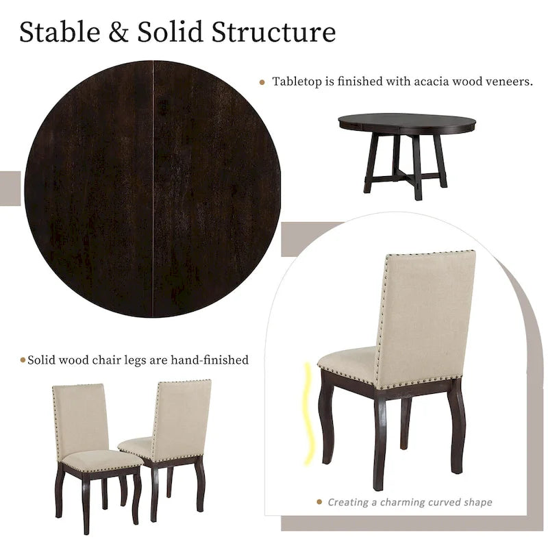 Ensemble de salle à manger 5 pièces en bois avec table ronde extensible et 4 chaises