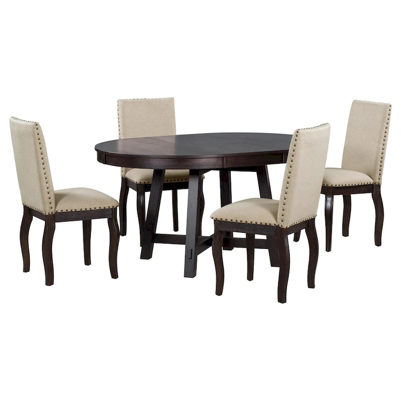 Ensemble de salle à manger 5 pièces en bois avec table ronde extensible et 4 chaises