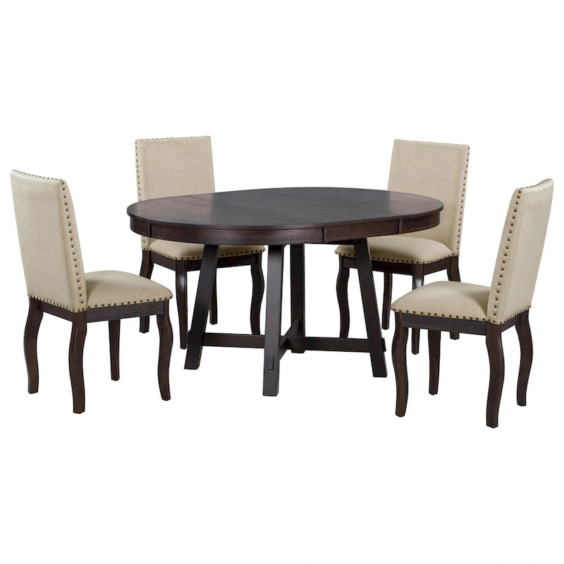 Ensemble de salle à manger 5 pièces en bois avec table ronde extensible et 4 chaises