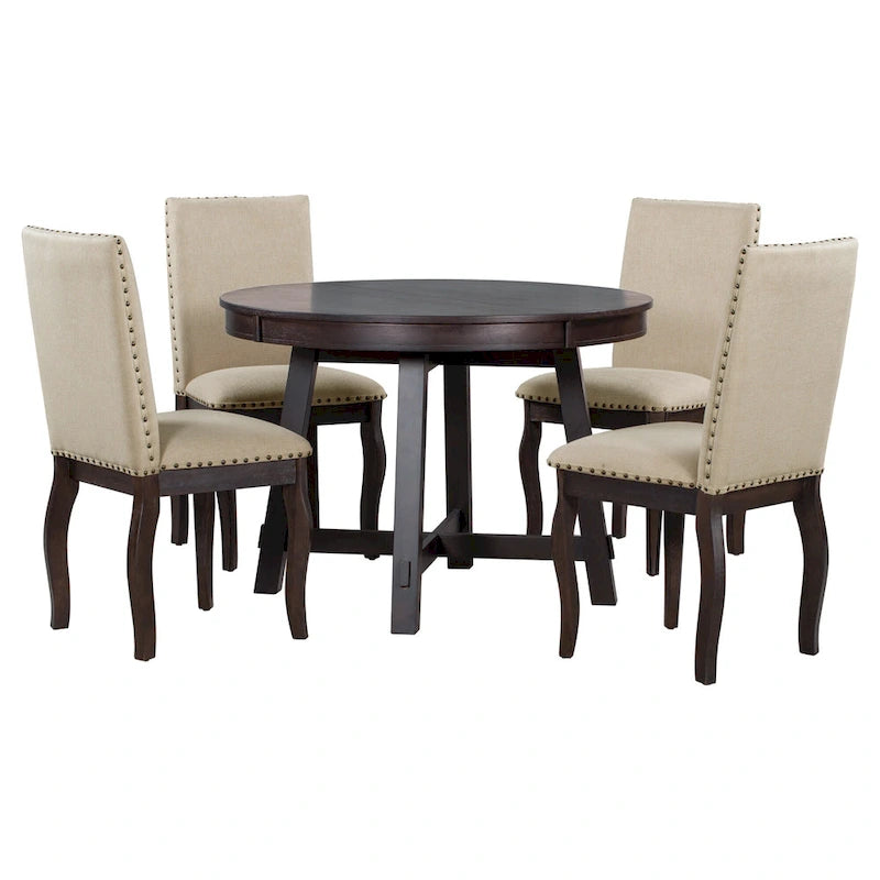 Ensemble de salle à manger 5 pièces en bois avec table ronde extensible et 4 chaises