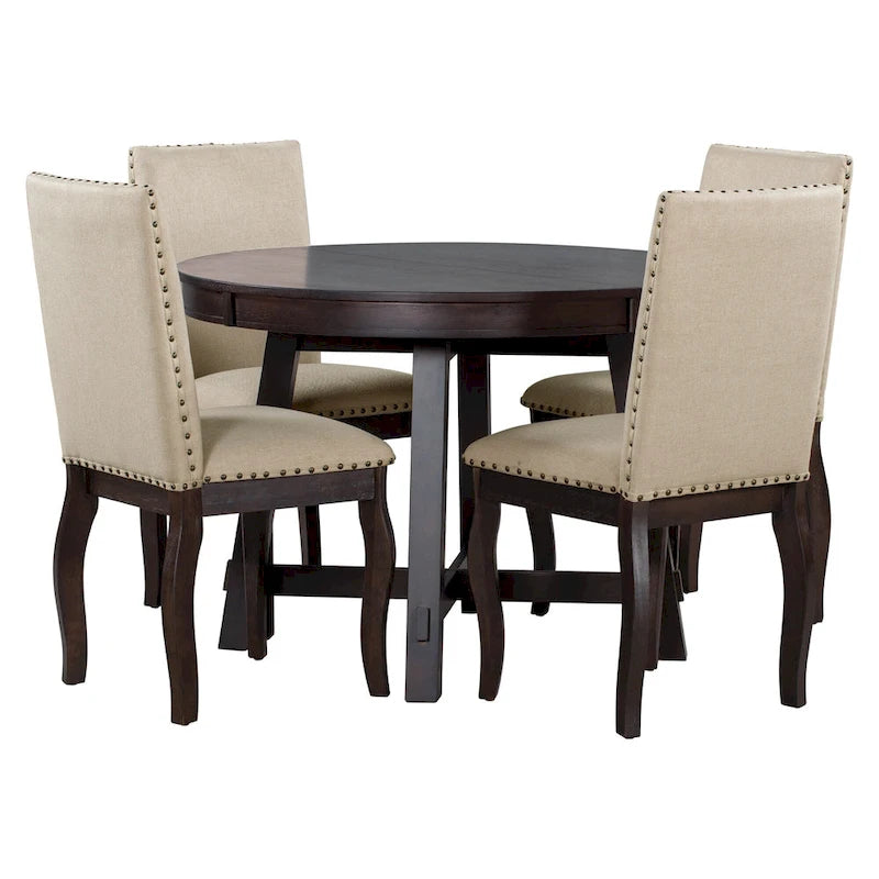 Ensemble de salle à manger 5 pièces en bois avec table ronde extensible et 4 chaises