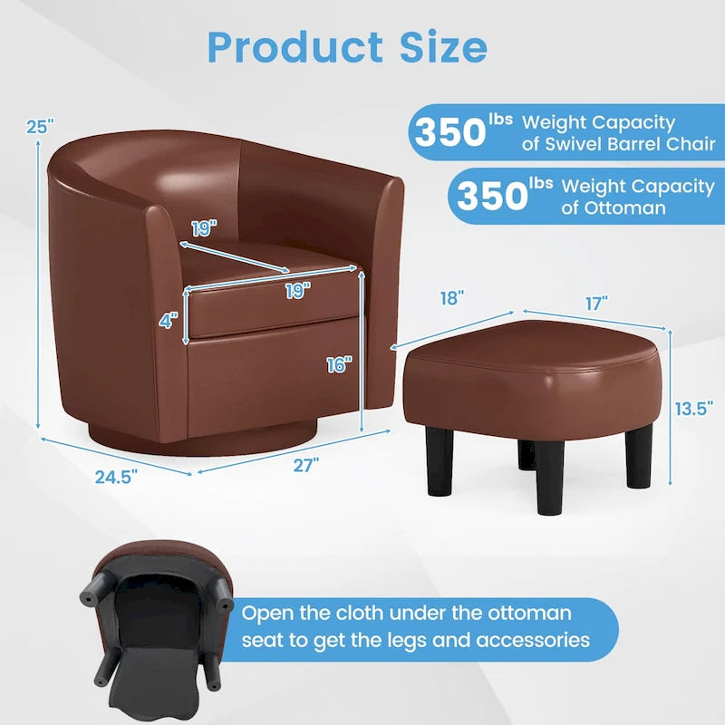 Fauteuil d'appoint pivotant moderne avec pouf pour salon ou chambre à coucher