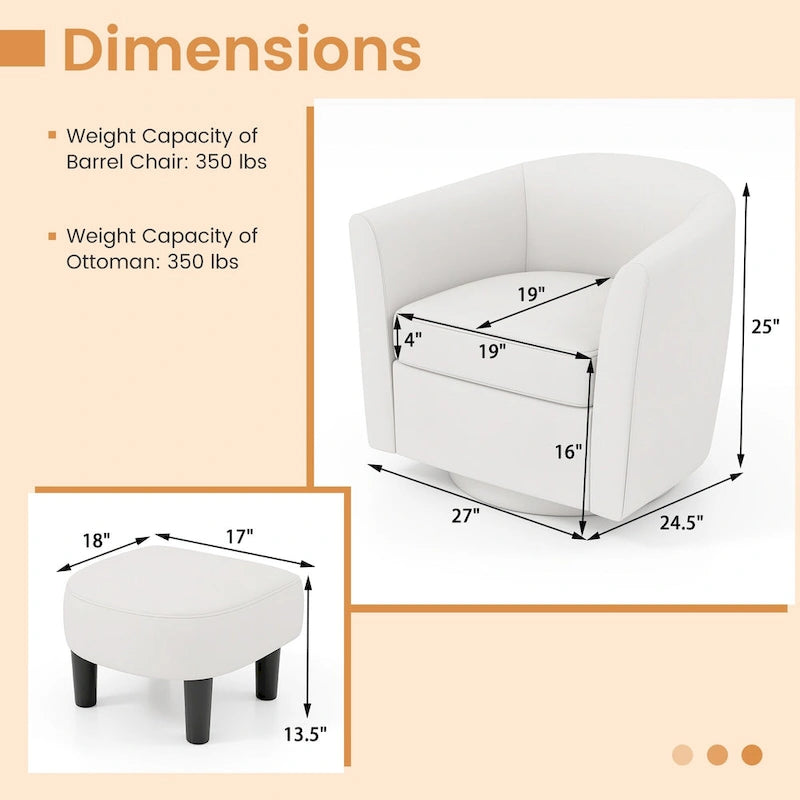 Fauteuil d'appoint pivotant moderne avec pouf pour salon ou chambre à coucher