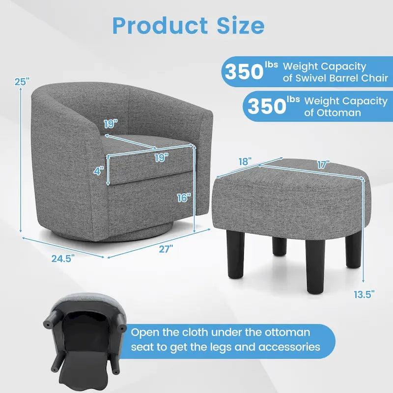 Fauteuil d'appoint pivotant moderne avec pouf pour salon ou chambre à coucher