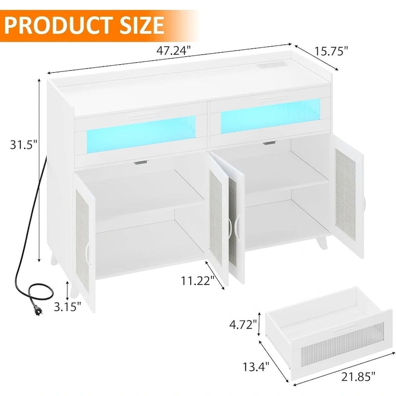 Buffet de salle à manger avec lumières LED et prises électriques, meuble de rangement, table de bar à café